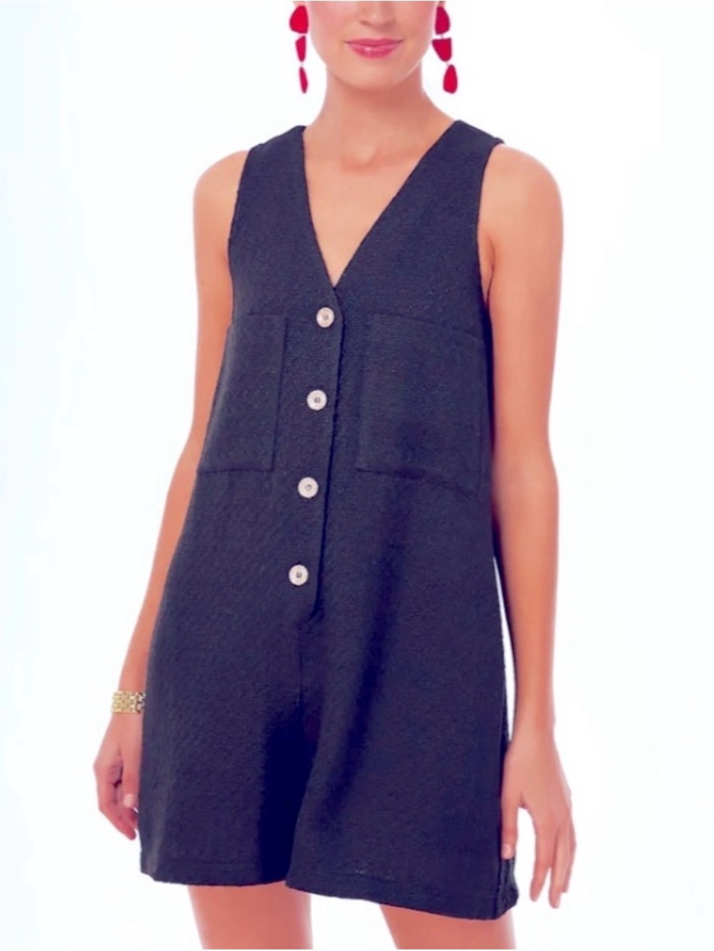 Tuckernuck Navy Twill Texture Romper Gold Buttons NWT Size XS